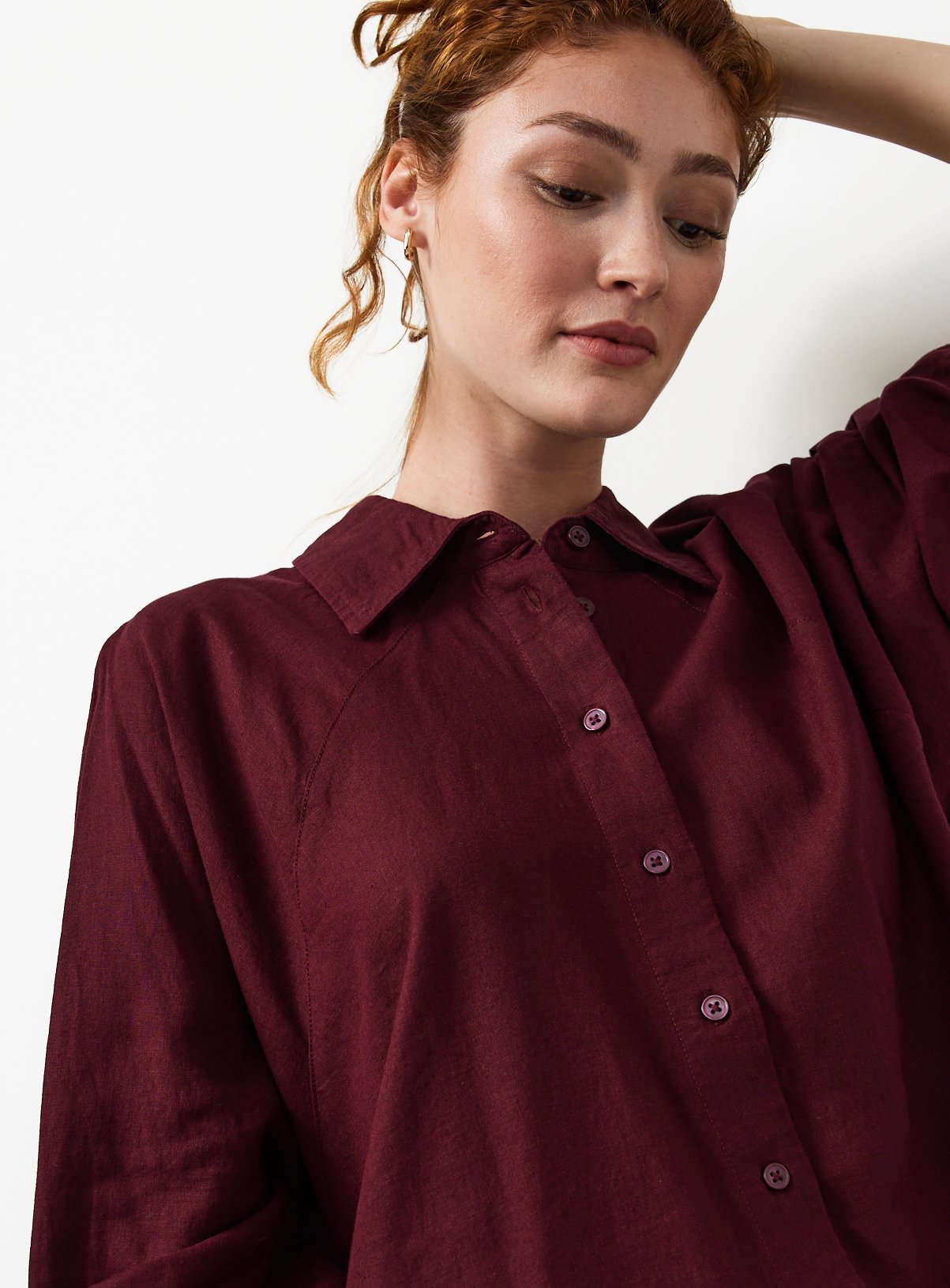 Dark Red Linen Blend Long Sleeve Shirt 22 - Image 3 thumbnail